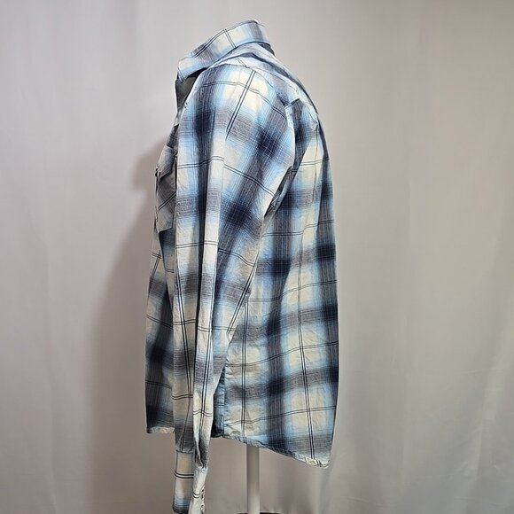 Wrangler Sawtooth Shirt Mens Size Medium Blue Plaid Western Pearl Snap Cowboy - Picture 2 of 8